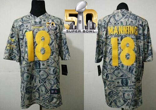 Nike Broncos #18 Peyton Manning Dollar Fashion Super Bowl 50 Men's Stitched NFL Elite Jersey